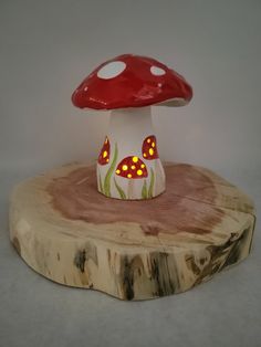 a red and white mushroom sitting on top of a piece of wood with grass growing out of it