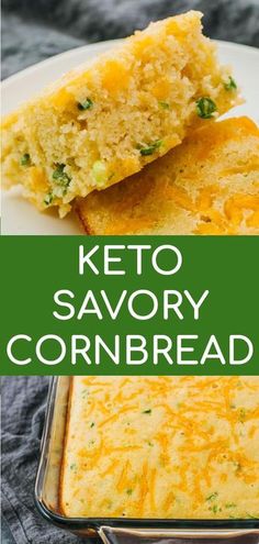 keto savory cornbread casserole on a white plate with text overlay