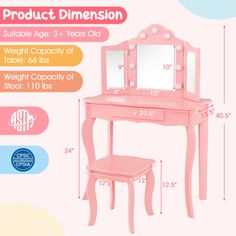 Kid Vanity Table Stool Set with Tri-Folding Mirror and 3-Color LED Lights-Pink","Key FeaturesPrincess Dream Comes True: This adorable vanity table set will be a great addition to your little princess's room, which is a perfect gift choice for birthdays, Christmas and more. The tri-folding silver mirror allows kids to find the optimal angle.2-in-1 Design with Detachable Mirror: With a detachable mirror top, this kids makeup vanity table can also be used as a writing desk. This kid's vanity set is Kids Makeup Vanity, Sliver Mirror, Toddler Vanity, Realistic Makeup, Kids Vanity Set, Girls Vanity, Mirror Drawers, Princess Makeup, Trifold Mirror