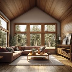 a living room filled with lots of furniture next to large windows on top of a wooden floor