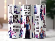 three canisters with pictures of women on them and the words build your best body