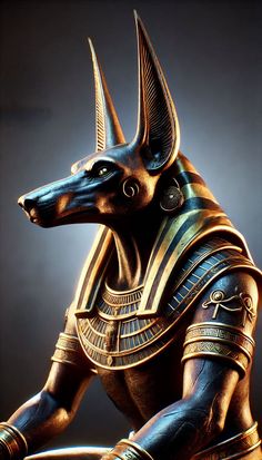 an egyptian dog statue sitting on top of a wooden table in front of a dark background