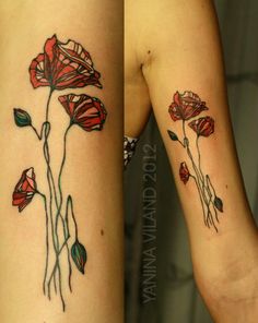 two tattoos with red flowers on their arms and legs, both showing the same tattoo design