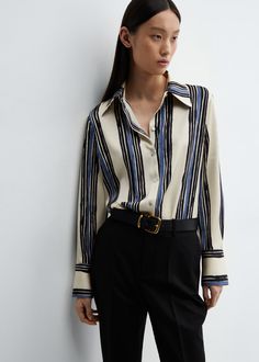 Flowy fabric. Satin. Straight design. Striped print. Shirt-style collar. Long sleeve with buttoned cuffs. Front button closure. Side length 17.99 in. Back length 29.45 in Stripe Shirt Outfit, Satin Button Up, Striped Shirt Women, Dress Better, Stripe Shirt, Satin Shirt, Cashmere Coat, Work Wardrobe, Cut Shirts