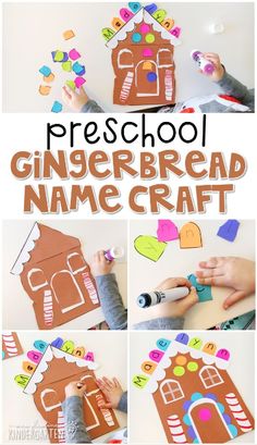 the gingerbread name craft is made with construction paper and cut out shapes to make it look like a gingerbread house