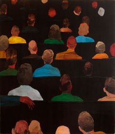 an abstract painting of people sitting in front of a screen with their backs to the camera