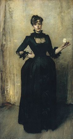 a painting of a woman in a black dress holding a white cup with her right hand