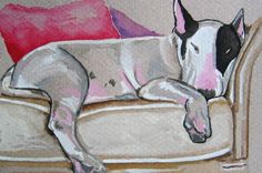 a drawing of a dog laying on a couch with pink and purple pillows in the background