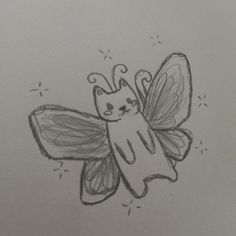 a drawing of a cat sitting on top of a bee with wings flying around it