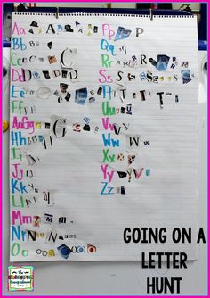 a bulletin board with letters on it and the words going on a letter hunt written below