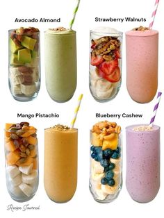 there are many different smoothies in the cups