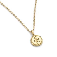 This dainty gold flower necklace is perfect for anyone that wants a little sparkle! The necklace is made entirely of solid sterling silver, and then coated in genuine 14k gold plating. Features a small coin design with an engraved image of a flower. The pendant is approx. 8mm and the necklace chain comes with an extender chain and measures 44cm in total length. Fast Shipping! It'll be packaged and posted beautifully, perfect for gifting! To keep your Elk & Bloom jewellery looking as new as possible, we advise removing the item whilst sleeping, during heavy exercise, or when in water, to make sure your jewellery stays in pristine condition for as long as possible. Avoid contact with alcohol-based products, such as perfumes and deodorants and take care when wearing to not tug, catch or pull Feminine Rose Gold Necklace With Flower Charm, Everyday Rose Gold Flower Charm Necklace, Everyday Rose Gold Flower Charm Necklaces, Elegant Rose Gold Flower Charm Necklaces, Rose Gold Flower Charm Necklaces, Gold Plated, Coin Design, Contemporary Jewellery, Necklace Sizes, Watch Necklace