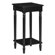 a black end table with two legs and a shelf on the bottom that has an open drawer