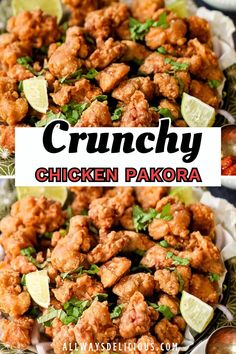 chicken pakora with cilantro and limes on top in a white plate