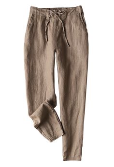 Linen Drawstring Pants, Summer Trousers, Cotton Linen Pants, Tapered Trousers, Linen Pants Women, Leggings Casual, Dark Khaki, Elastic Waist Pants, Tapered Pants