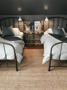 two twin beds in a bedroom with gray walls