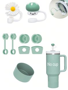 various kitchen gadgets and accessories are shown in this image, including a coffee mug