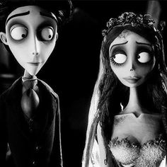 the corpse bride and groom are looking at each other in this black and white photo