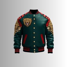 Custom Embroidered Varsity Jacket with Fierce Tiger Embroidery - Vintage Streetwear College Bomber Jacket This custom embroidered varsity jacket is a must-have for anyone who loves bold and unique fashion. The jacket features a fierce tiger embroidery on both sleeves and the front, adding a striking touch to your outfit. Made from high-quality materials, it offers durability and style. The classic varsity jacket design includes a snap button closure, ribbed collar and cuffs, and two side pockets Varsity Jacket Style, Vintage Varsity Jacket, Tiger Embroidery, Fierce Tiger, Embroidery Vintage, Jacket Vintage, Vintage Streetwear, Jacket Design, Mens Clothing