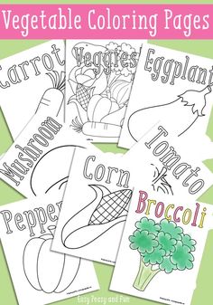 four vegetable coloring pages with the words vegetables on them