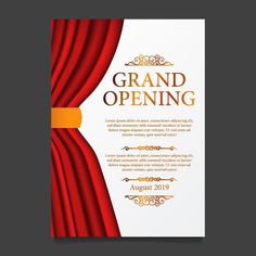 a grand opening poster with red curtains and gold trimmings on the front cover