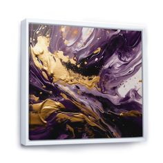 an abstract painting with gold and purple colors on white canvas wall art print or framed