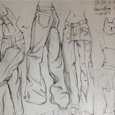 three sketches of different types of pants and shoes