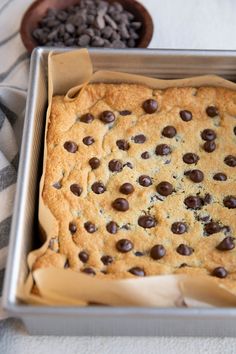 a pan filled with chocolate chip cookie dough