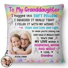 Personalized Pillow is a great gift choice to your friend and family on any occasion: Christmas, Birthday, Valentine's Day, Father's Day, Mother's Day, Anniversary or Graduation, etc.

Message:

"To my ...
I hugged this soft pillow, squeezed it really tight and filled it with my wishes, hope, love and light. So when you're feeling low just hold it tightly, you'll feel my love within it, morning, noon and night. Love, ...".

Description


This is a customized product with a customized design

Ac Granddaughter Pillow, Flannel Pillows, Custom Photo Pillow, Vintage Foto's, Feeling Low, Grandparenting, Kids Throw Pillows, Grandmothers Love, Love Wishes