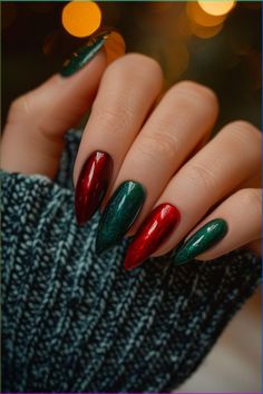 Rich, luxurious velvet takes center stage on these holiday nail designs perfect for December. Deep red, emerald green and sumptuous gold velvet nails ring in the season with ultimate opulence.  #nailart #naildesign #decembernails #christmasnails #velvetnails Green Red And Gold Christmas Nails, Red Elegant Nails Classy, Green Gold And Red Nails, December Nails Red And Gold, Christmas Green And Red Nails, Red And Green Christmas Nails Holidays, Christmas Nails Red Green Gold, Red Green Nails Christmas, Red And Green Chrome Nails