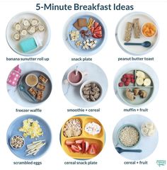 the five - minute breakfast ideas are organized and ready to be eaten