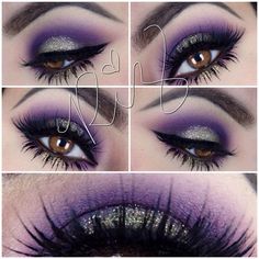 Black Makeup Tutorial, Silver Glitter Eye Makeup, Nails Purple, Glitter Eye, Beautiful Eye Makeup, Purple And Silver, Colorful Eye Makeup