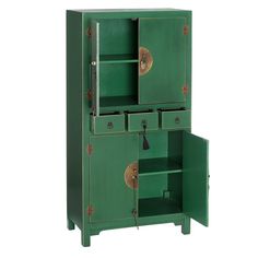 a green cabinet with two doors open