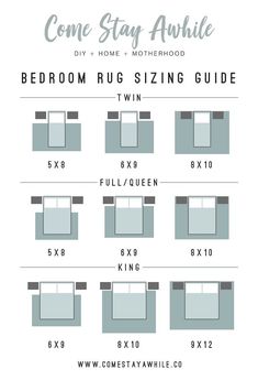 the bed room rug sizing guide is shown with instructions to make it easy and fun