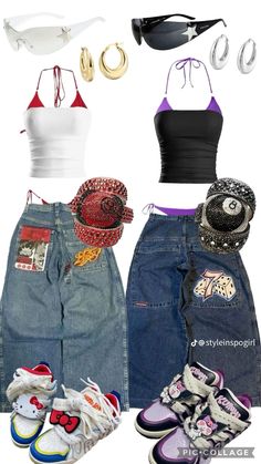 #outfits #fit #fitcheck #gold #silver #kuromi #hellokitty #vintage #adidas #bbsimonbelt #red #purple #black #white #bikini #tubetop #black #bag #shorts #miniskirt #jeans #delina #y2k #jnco #jncojeans #jeans #sunglasses #style #rhimestone #belt #summer #earrings #matching #duo Y2k Sunglasses Outfit, Hello Kitty Outfits Y2k, Y2k Bikinis Vintage, Y2k Purple Outfit, Y2k Matching Outfits, Matching Y2k Outfits, Jnco Jeans Outfit, Black Miniskirt Outfits, White Mini Skirt Outfit