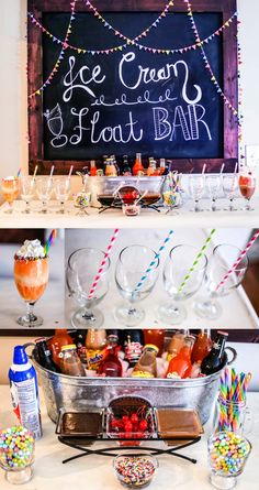 an ice cream parlor is set up with drinks and desserts for the guests to enjoy