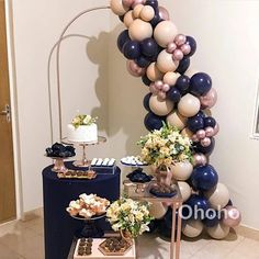 Navy Rose Gold balloons Simple Birthday Decorations, Garland Backdrops, Rose Gold Balloons, Diy Balloon Decorations, Birthday Balloon Decorations, Diy Backdrop, Mini Table, Balloon Diy, Gold Balloons