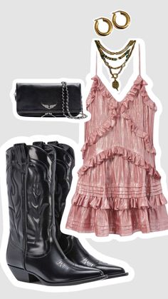 #aesthetic #minidress #cowboyboots #festival #pink Outfit With Cowboy Boots, Outfits Vestidos, Chunky Gold Hoop Earrings, Thick Hoop Earrings, Looks Country, Festival Looks, Outfits Verano, Pink Outfits, Country Outfits