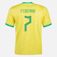 a soccer jersey with the number 7 on it, in yellow and green colors that reads p coutnho