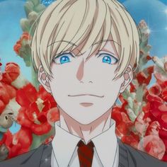 a man with blonde hair and blue eyes wearing a suit in front of red flowers