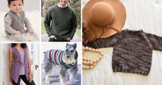 a collage of photos with sweaters, hats, and other things to knit