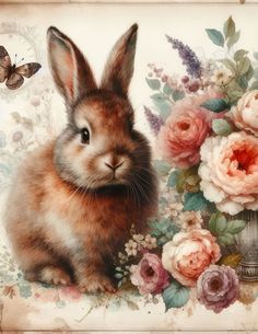 a painting of a rabbit sitting next to flowers