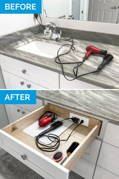 two images show the same bathroom sink and hair dryer in different stages of being cleaned