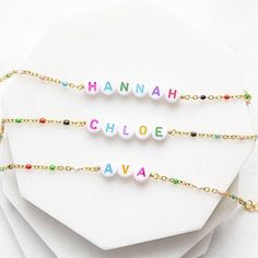 A colourful rainbow enamel bracelet with a personalised name or word. Add a pop of colour to every day with this gorgous handmade bracelet. Personalised with the name or word of your choice in vibrant multi coloured acrylic letter beads mounted onto a dainty but sturdy gold plated enamel beaded chain. This bracelet will definitely bring a smile to the face of whoever wears it. A perfect personalised gift for her or a self indulgent treat. Available in 2 sizes, and suitable for both adults and ch Multicolor Name Bracelet For Gifts, Multicolor Beaded Bracelet With Name For Gift, Multicolor Beaded Bracelets With Name As Gift, Multicolor Beaded Bracelets With Name For Gifts, Multicolor Bracelets With Custom Name For Personalized Gift, Playful Custom Name Bracelet As Personalized Gift, Multicolor Custom Name Bracelet For Personalized Gift, Multicolor Custom Name Bracelets For Personalized Gifts, Playful Customized Name Bracelet As Personalized Gift