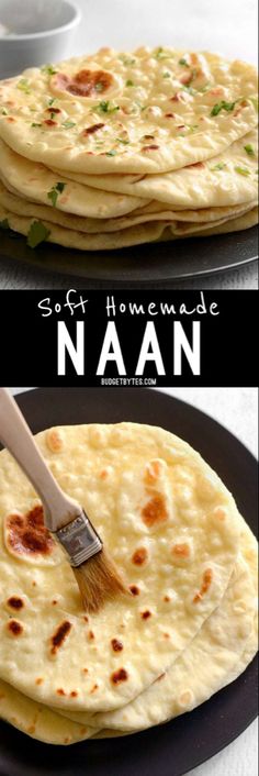 homemade naan bread on a black plate with a spatula in it and the words soft homemade naan overlay