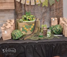 a table topped with lots of green items