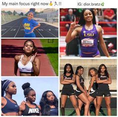 four different pictures of women in sports uniforms and one has her hand up to the side