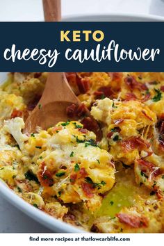 keto cheesy cauliflower casserole in a white dish with a wooden spoon