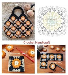 crochet handbags are shown in three different pictures, including one with flowers