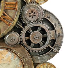 an assortment of old clocks and gears on a white background